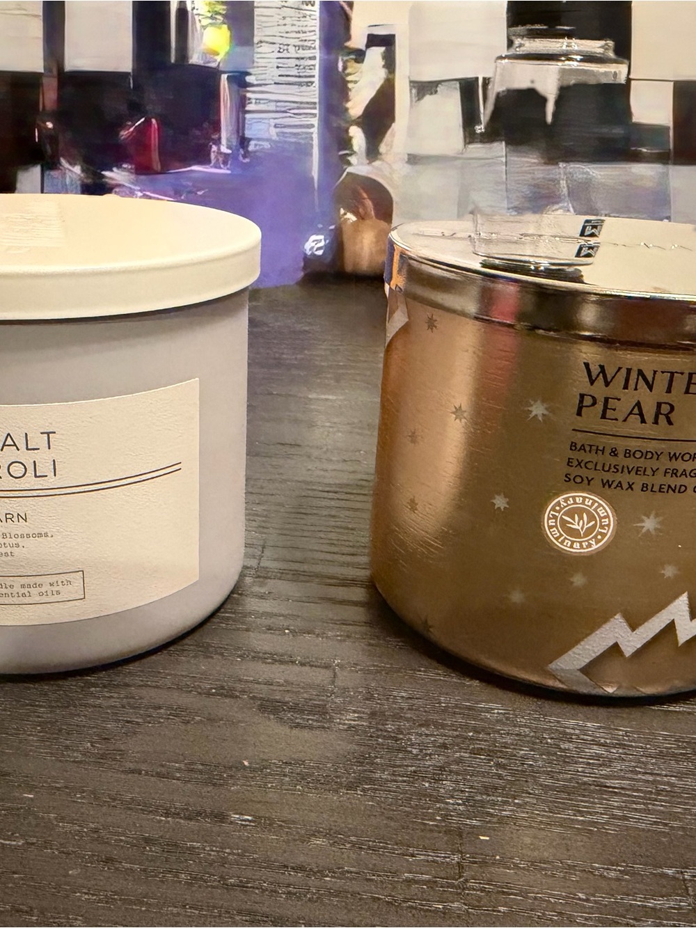 Bath & Body Works Winter Pear Candle - Gold & White and Sea Salt & Neroli